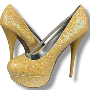 NIB Qupid Platform Pumps Glitter 5" Stiletto Heels Yellow Party Shoes Size 5.5